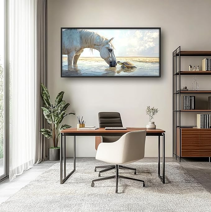 Ocean Beach Landscape Large Wall Art for Living Room Horse Framed Canvas Decor Coastal Sea Turtle Prints Painting Pictures Extra Large Seascape Artwork for Bedroom Bathroom Office Home Decor 30"x60"