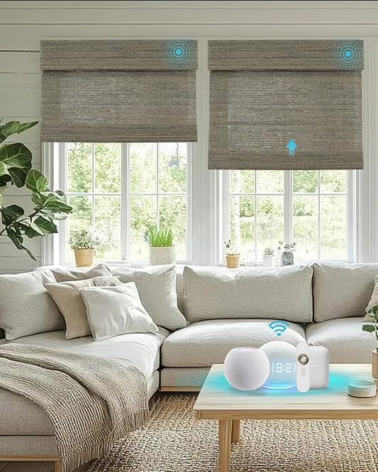 Motorized Bamboo Roman Blinds with Remote, Woven Roman Shades Compatible with Alexa Google Home, Automatic Bamboo Blind for Indoor Windows CustomSize(Woodland Smoke)