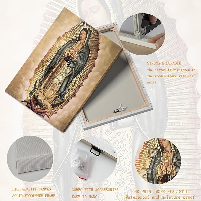 Our Lady of Guadalupe Portrait Canvas Wall Art Painting Picture Wall Decor Religion Catholic Poster Print Artwork for Altar Bedroom 16x24 in