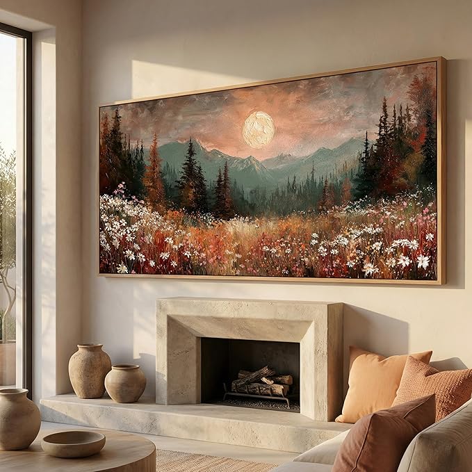 BQVCT Mountain Landscape Wall Art 24x48 Inch Wildflower Meadow Moon Framed Canvas Print Nature Scenery Painting Decor for Living Room Bedroom Office