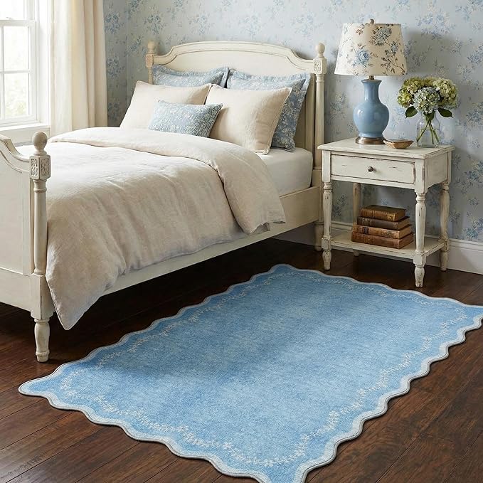 GarveeHome 3x5 Scalloped Washable Area Rug for Bedroom,Soft Solid Blue Entryway Rug Non Slip Low Pile Carpet Stain Resistant Throw Rug for Bedside Kids Room Office Dining Room