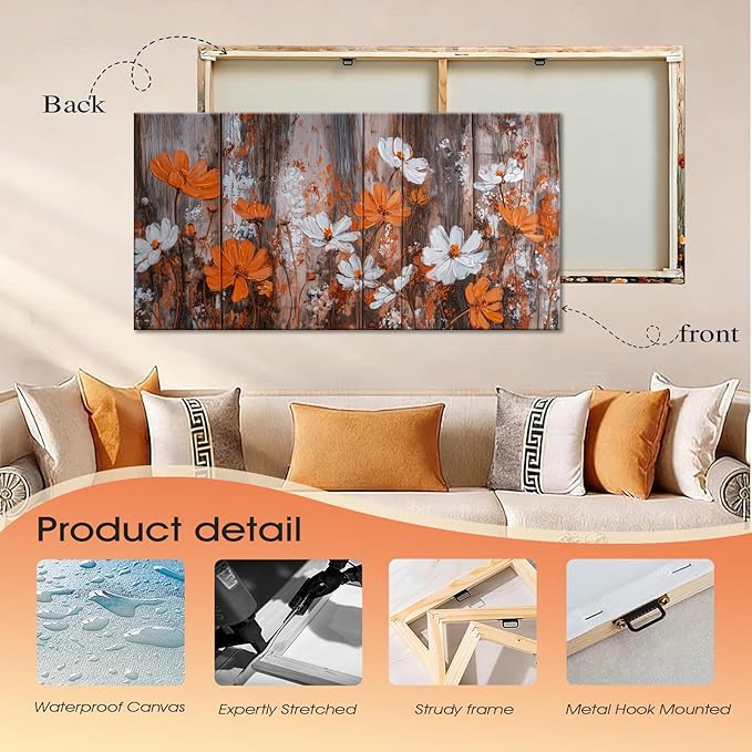BQVCT Rustic Floral Wall Art 20x40 Inch Large Gallery Wrapped Canvas Print Orange & White Flowers on Wood Background Ready to Hang for Living Room Bedroom Office
