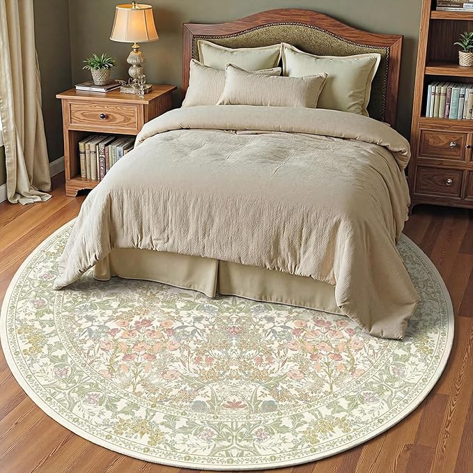 Lunasun Classic 7ft Round Sage Green Rugs for Living Room - Washable Non Slip Floral Area Rugs for Bedroom, Dining Under Table, Kids Room, Home Office, Vintage Indoor Décor