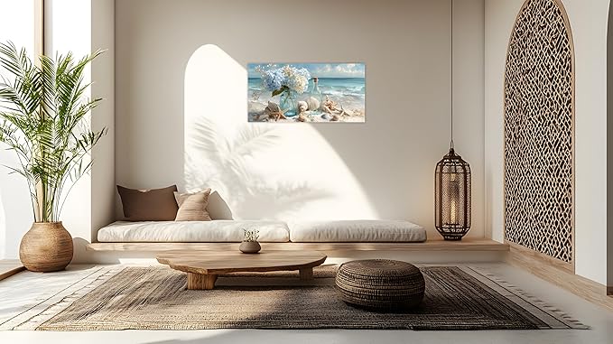 TutuBeer 1 Panel Blue Ocean Beach Bathroom Canvas Wall Art Seaside Seashell Painting Print Artwork Starfish with White Flower Coastal Bathroom Canvas Wall Art for Living Room Bedroom Bathroom 12"x24"