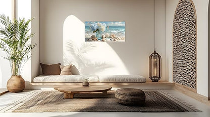 TutuBeer 1 Panel Blue Ocean Beach Bathroom Canvas Wall Art Seaside Seashell Painting Print Artwork Starfish with White Flower Coastal Bathroom Canvas Wall Art for Living Room Bedroom Bathroom 8"x16"