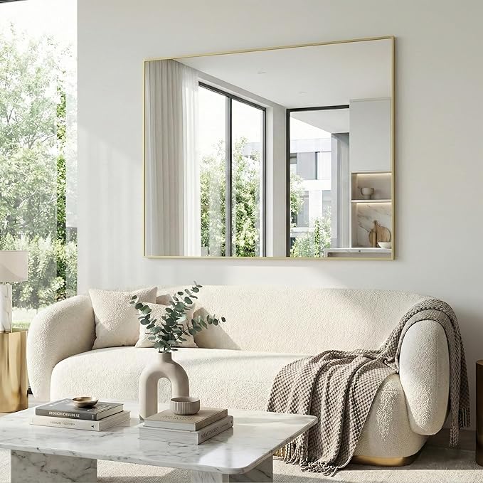 36" x 48" Gold Wall Mirror for Bathroom, 48" x 36" Oversized Rectangular Accent Decor, Large Metal Framed Mirror for Dining Room & Vanity