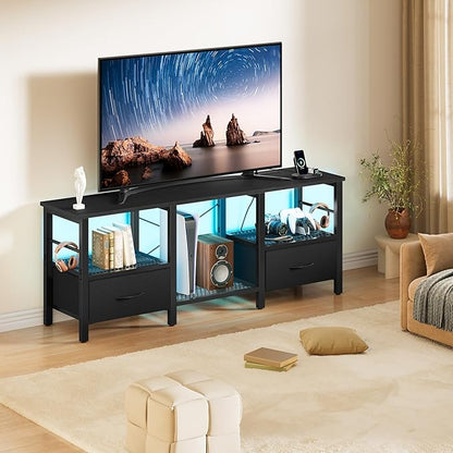 TV Stand for 55 Inch TV, LED Entertainment Center with Fabric Drawers and Power Outlets, Modern Industrial TV Media Console for Living Room, Bedroom Storage Cabinet - 47.2'' Black
