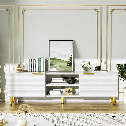 Modern TV Stand for 55/60/65 Inch TV, Entertainment Center with Storage Cabinet and Open Shelves, Media Console Table for Living Room, Bedroom, White & Gold