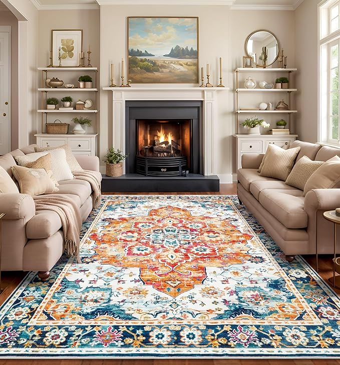 8x10 Area Rugs for Living Room, Machine Washable Vintage Rug, Non-Slip Low Pile Throw Rugs with Rubber Backing Washable Carpet for Bedroom Dining Room Kitchen Home Decor, Orange