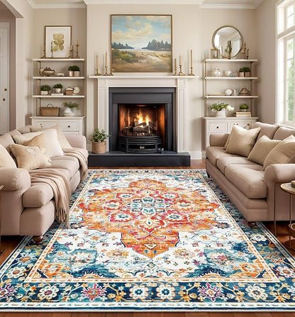 8x10 Area Rugs for Living Room, Machine Washable Vintage Rug, Non-Slip Low Pile Throw Rugs with Rubber Backing Washable Carpet for Bedroom Dining Room Kitchen Home Decor, Orange