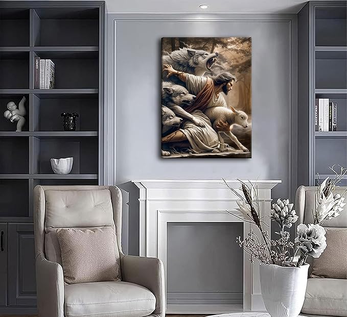 Jesus and Lamb Canvas Wall Art Jesus Saves the Lost Sheep Christian Wall Decor Painting Shepherd Protect a Lamb from Wolves Picture Poster Print Artwork for Living Room Bedroom Church Decor 24x36in