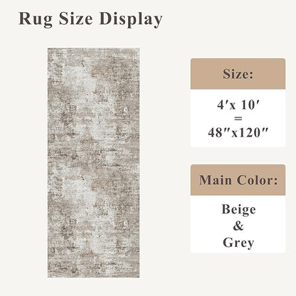 4x10 ft Extra Wide Hallway Rug – Non-Slip Washable Rubber-Backed Large Carpet Runner for Kitchen, Entryway | Modern Abstract, Low-Pile Thin Floor Mat for Bedroom Living Room Dining Room (Beige,Grey)