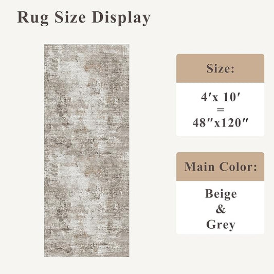 4x10 ft Extra Wide Hallway Rug – Non-Slip Washable Rubber-Backed Large Carpet Runner for Kitchen, Entryway | Modern Abstract, Low-Pile Thin Floor Mat for Bedroom Living Room Dining Room (Beige,Grey)