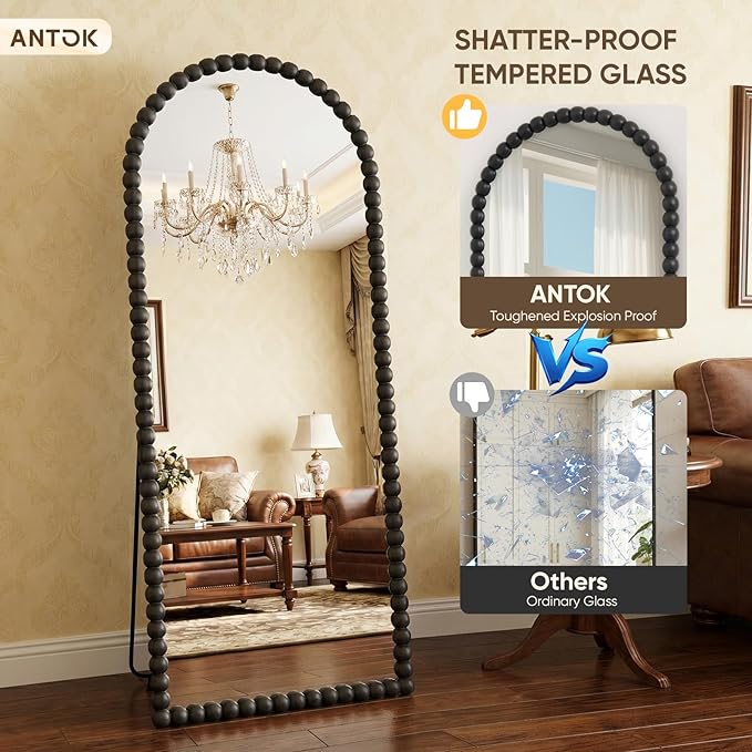 Antok 57" x 21" Arched Full Length Mirror, Antique Beaded Frame Floor Standing or Wall Mounted Mirror with Stand for Bedroom, Entryway, Black, Luxury Style