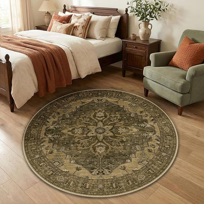 RELEANY Area Rugs Round 4ft Washable Non-Slip, Floral Vintage Distress Print Pattern Medallion Carpet for Living Room Bedroom Dining Room, Brown Dark Brown