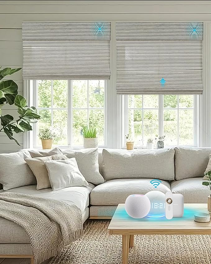 Motorized Bamboo Roman Blinds with Remote, Woven Roman Shades Compatible with Alexa Google Home, Automatic Bamboo Blind for Indoor Windows CustomSize(Monsoon Stripe)