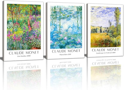 WENGTIAO Claude Monet Canvas Wall Art Prints Monet Iris Garden Landscape Oil Paintings Vintage Impressionist Reproduction Posters Pictures Classic Water Lilies Artwork for Living Room Bedroom 16x24x3