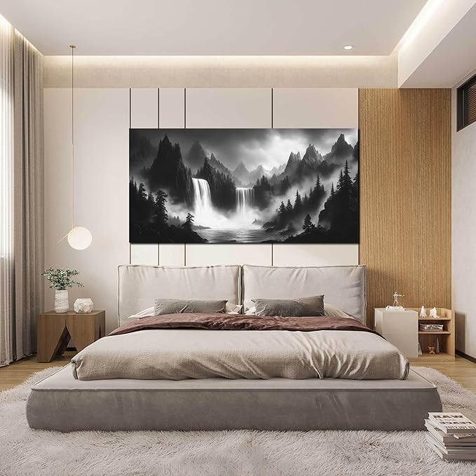 CIRABKY Waterfall Living Room Pictures Wall Decor - Black and White Mountain Wall Art for Bedroom - Large Canvas Wall Art for Office Size 29" x 59"