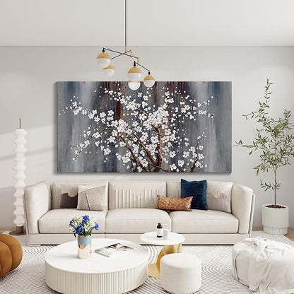 AJAZIKO Wall Art for Living Room Large Modern Wall Decor Canvas Paintings for Wall Decorations White Flower Brown Bedroom Office Artwork Plum Blossom Art Prints Framed