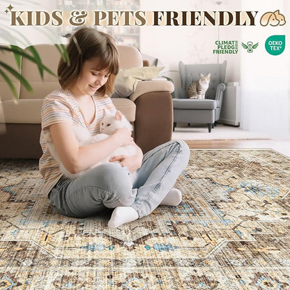 Area Rug 8x10 Vintage Rug: Large Washable Indoor Medallion Rugs Low Pile Distressed Floor Carpet Retro Accent Rug for Living Room Bedroom Kitchen Dining Table Home Office(Brown/Blue, 8'x10')