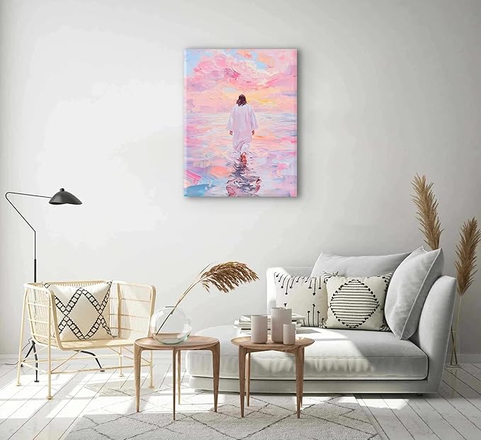 Jesus Canvas Wall Art Pink Jesus Walks on Water Canvas Paintings Prints Religious Savior Wall Decor Christian Bible Stories Poster printing Artwork for Living Room Bedroom Church Decoration 24x36in