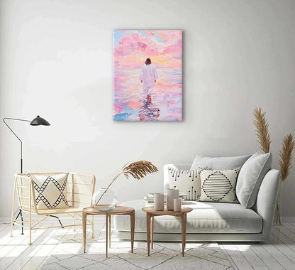 Jesus Canvas Wall Art Pink Jesus Walks on Water Canvas Paintings Prints Religious Savior Wall Decor Christian Bible Stories Poster printing Artwork for Living Room Bedroom Church Decoration 16x24in