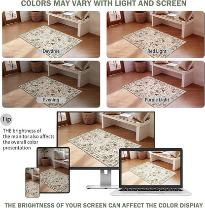 Floral 2x3 Washable Vintage Entryway Rug Non Slip Low Pile Small Rugs, Front Door Rugs for Entrance Kitchen Bedroom Laundry Bathroom,Beige White