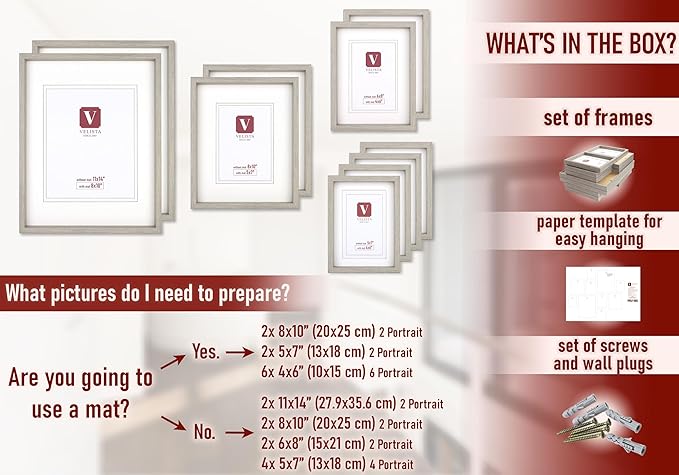 10 Piece Shadow Box Style Gallery Wall Frame Set – Deep Photo Frame Set with Mat for 8x10, 5x7 and 4x6 - Multiple Sizes Picture Frame Set for Wall Collage – Assorted Picture Frames for Wall (Gray)