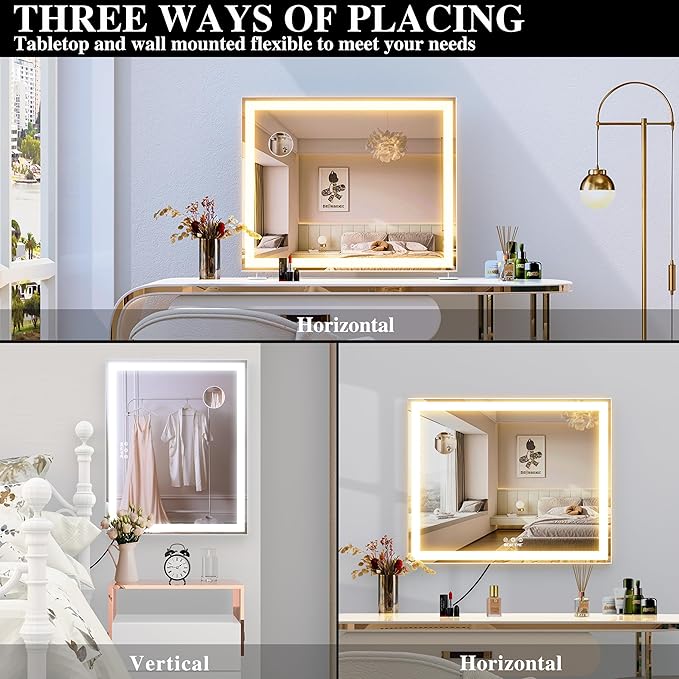 ANYHI Vanity Mirror with Lights, 23.6''x20'' Lighted Vanity Mirror with 10X Magnification, 3 Color Modes, Smart Touch Control, Aluminum Frame, Desktop or Wall Mounted Mirror for Bedroom, White
