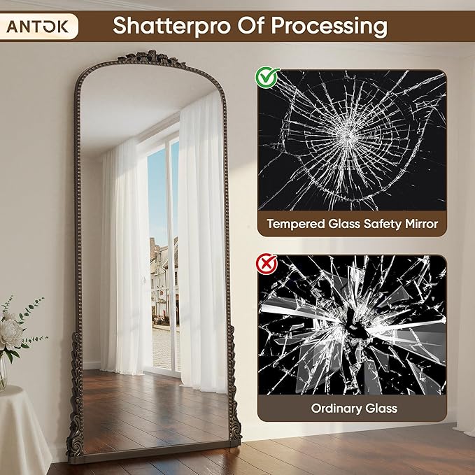 Antok Floor Mirror, 71"×32" Vintage Full Length Mirror Carved Full Body Mirror with Stand, Hanging Mounted for Bedroom Living Room Cloakroom,Bronze,Luxury Style