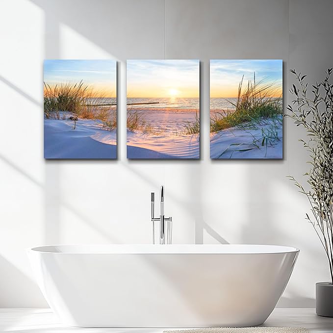 MHARTK66 Large Canvas Wall Art For Bedroom Wall Decor For Living Room Modern Office Pictures Wall Artwork Blue Sun Beach Grass Ocean Landscape Paintings Canvas Art Prints Home Decorations 3 piece