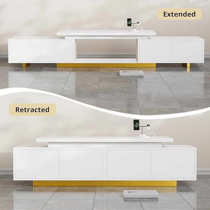 LIKIMIO Extendable TV Stand for 65-90 Inches TVs, Adjustable Length 63''-94.5'', Modern White Entertainment Center with Storage Cabinets, Charging Station & LED Lights, Media Console for Living Room