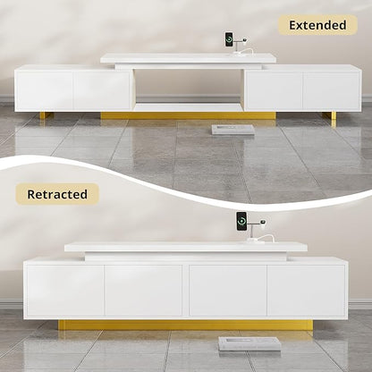 LIKIMIO Extendable TV Stand for 65-90 Inches TVs, Adjustable Length 63''-94.5'', Modern White Entertainment Center with Storage Cabinets, Charging Station & LED Lights, Media Console for Living Room