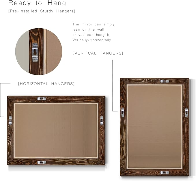 Renditions Gallery Rustic Horizontal Wooden Maple Frame Body Mirror Decor Aesthetic Wall Mounted Rectangle Farmhouse Vanity Mirror for Living Room Bedroom Bathroom - 41"x29" LT07