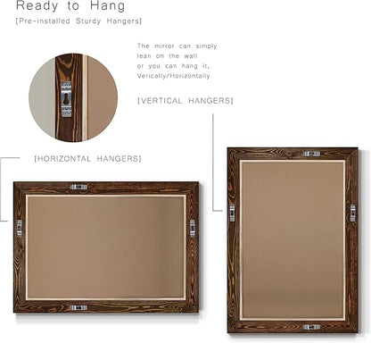 Renditions Gallery Rustic Horizontal Wooden Maple Frame Body Mirror Decor Aesthetic Wall Mounted Rectangle Farmhouse Vanity Mirror for Living Room Bedroom Bathroom - 41"x29" LT07