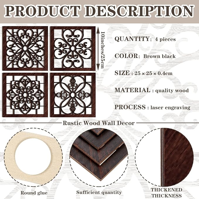 Yulejo 4 Piece Thicken Rustic Wall Decor - Wooden Hollow Carved Design Rustic Wall Art for Living Room, Bedroom, Hallway, Office, Kitchen (Brown, Black)