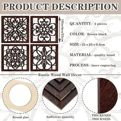 Yulejo 4 Piece Thicken Rustic Wall Decor - Wooden Hollow Carved Design Rustic Wall Art for Living Room, Bedroom, Hallway, Office, Kitchen (Brown, Black)