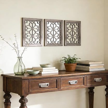 Set of 2 11x15 Inch Rectangular Shatterproof Brown Decorative Wall Mirrors, Boho Farmhouse Rustic Vintage Accent Mirrors for Living Room Bedroom Entryway & Home Decor
