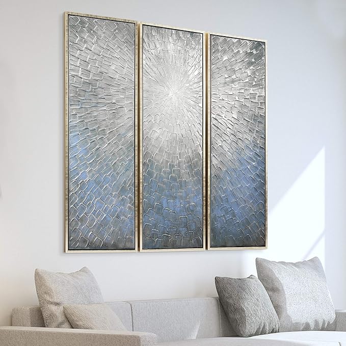 Empire Art Direct Abstract Wall Art Textured Hand Painted Canvas by Martin Edwards, Triptych, 60" x 20" each, Silver Ice