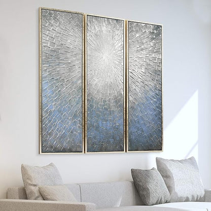 Empire Art Direct Abstract Wall Art Textured Hand Painted Canvas by Martin Edwards, Triptych, 60" x 20" each, Silver Ice