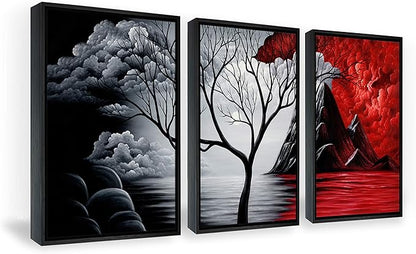 Wieco Art Framed Wall Art the Cloud Tree Wall Art HD print of Oil Paintings Landscape Canvas Prints for Home Decorations, 3 Panels with Black Frames