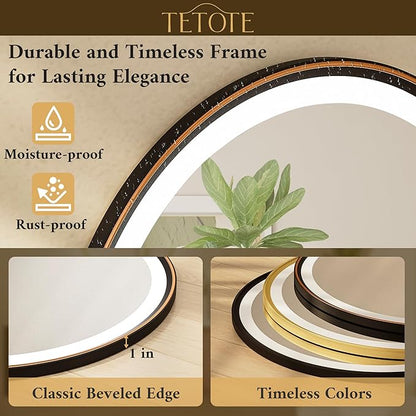 TETOTE Round Led Oil Rubbed Bronze Bathroom Mirror 30 Inch Circle Round Lighted Vanity Mirror with Lights for Bathroom Wall, 3 Color Stepless Dimmable, Anti Fog, Shatterproof, CRI 90+