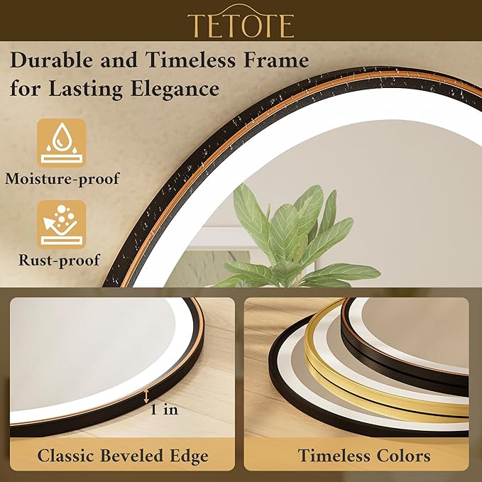 TETOTE Round Led Oil Rubbed Bronze Bathroom Mirror 24 Inch Circle Round Lighted Vanity Mirror with Lights for Bathroom Wall, 3 Color Stepless Dimmable, Anti Fog, Shatterproof, CRI 90+