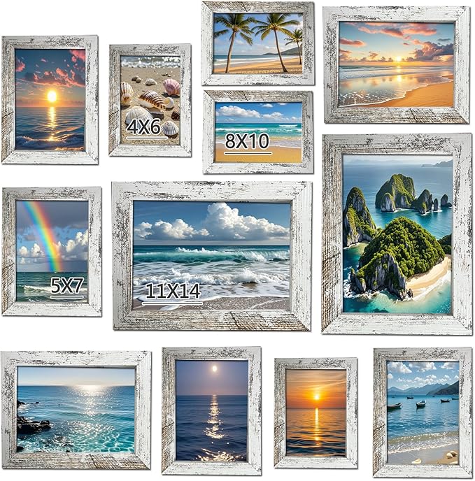 xnlkros 12 pack assorted gallery wall picture frame,rustic farmhouse wood picture frames multiple sizes including 4x6, 5x7, 8x10, 11x14, Ideal for living room hanging or tabletop display,Rustic White