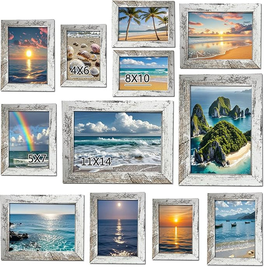 xnlkros 12 pack assorted gallery wall picture frame,rustic farmhouse wood picture frames multiple sizes including 4x6, 5x7, 8x10, 11x14, Ideal for living room hanging or tabletop display,Rustic White