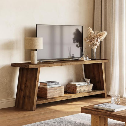 LITTLE TREE Solid Wood TV Stand, Farmhouse Media Console for 55/60/65 inch TV, 2-Tier Mid-Century Modern TV Stand with Storage, for Living Room, Entertainment Center (Walnut, 63-Inch)