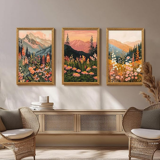 ICHZUMW Framed Boho Abstract Landscape Mountain and Floral Canvas Wall Art Set of 3, Colorful Nature Botanical Paintings Artwork, Large Wildflower Wall Decor for Living Room Bedroom Office, 16x24in