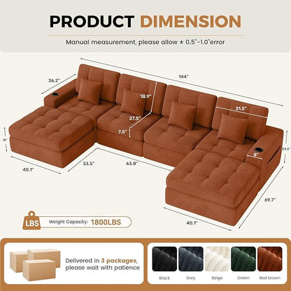 144" U Shaped Cloud Boneless Couch,Modern Modular Sectional Sofa with Layered Cushion,No Assembly Convertible Corduroy Couches for Living Room,Caramel 1 PCS