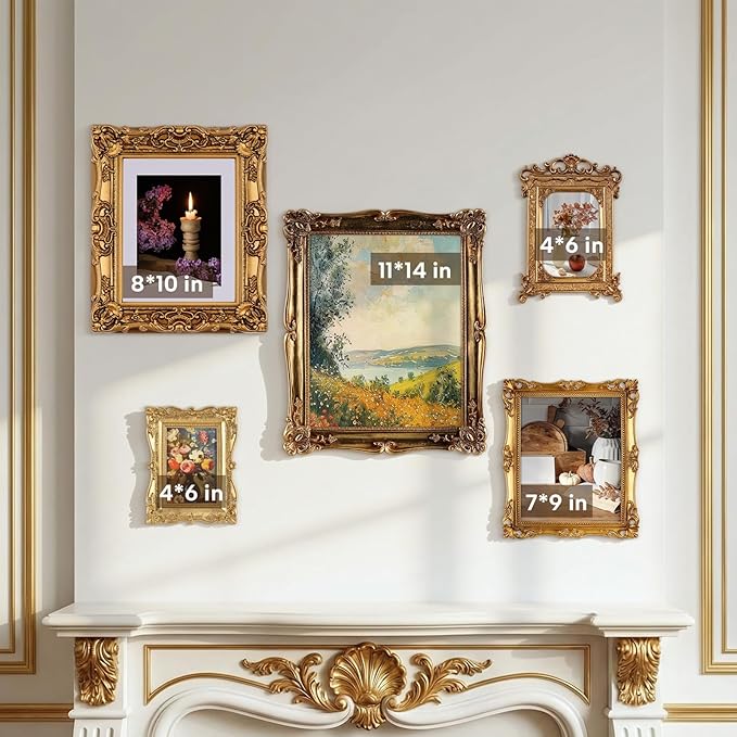 Wonderjune 5 Pcs Large Vintage Picture Frames Set with Glass Front Antique Gold Gallery Wall Frames 11x14, 8x10, 7x9, 4x6, Baroque for Home Decor Photography Props Gifts, Wall or Tabletop