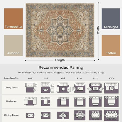 Kokia 6x9 Washable Area Rugs Terracotta with Vintage Orient Design, Soft Rug for Living Room or Bedroom, Non-Slip Low Pile Stain Resistance Features, Distressed Medallion Pattern